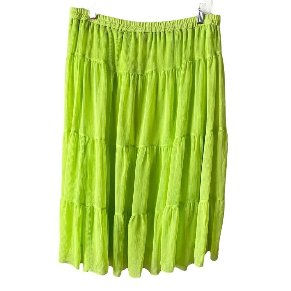 Linea by Louis Dell'Olio Women’s Sz Large Crinkled Lime Green Tiered Midi Skirt - Picture 2 of 7
